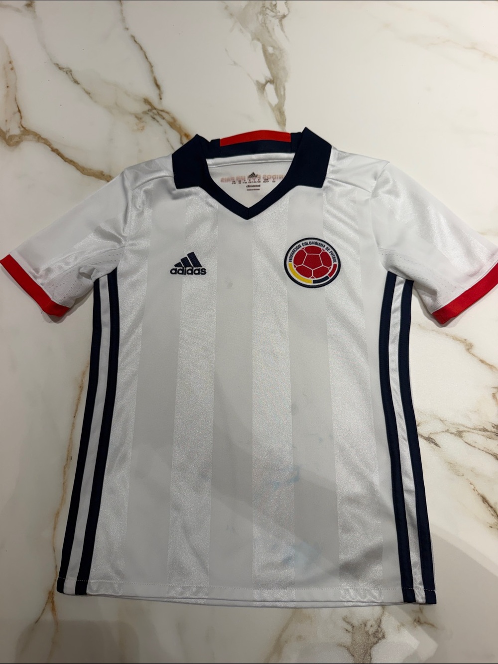 adidas White Kids Colombia Soccer Jersey with Navy & Red Accents